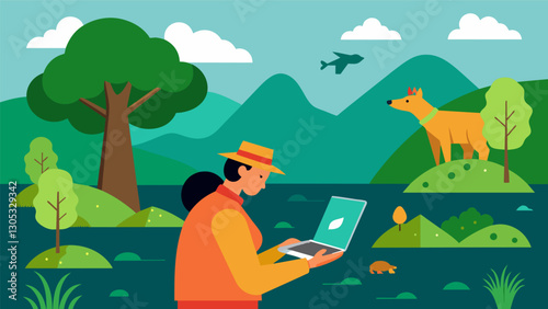 Through remote sensing techniques conservationists monitor changes in vegetation and water levels in a protected reserve allowing them to make informed decisions about habitat. Vector illustration