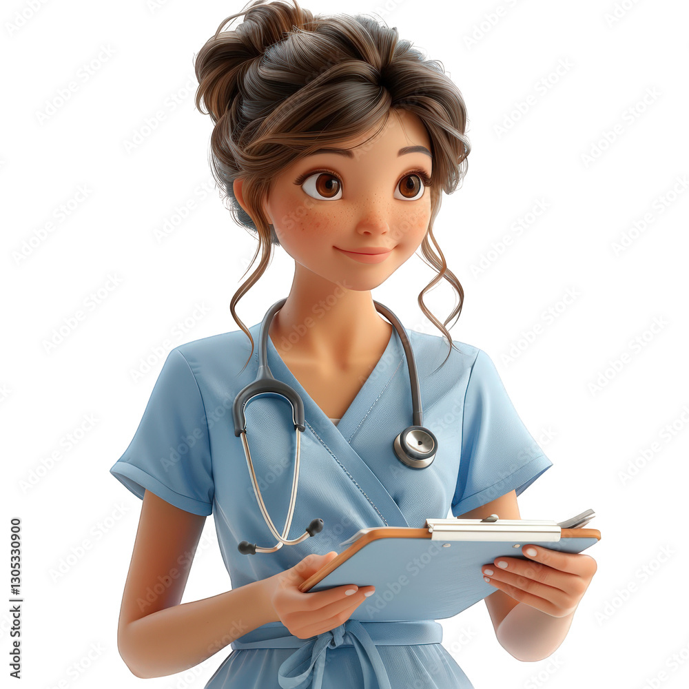 Caring healthcare professional in blue scrubs holding a clipboard, smiling warmly in a clinic setting Caring healthcare professional in blue scrubs holding a clipboard, smiling warmly in a clinic setting