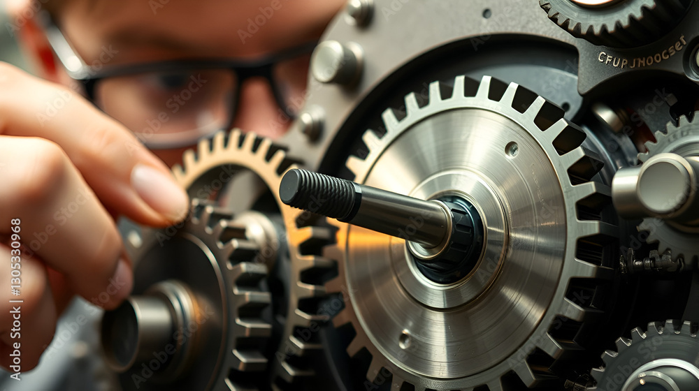 Close-up of gears and cogs, with a mechanical engineer fine-tuning the machinery, highlighting the intricacies of engineering design Close-up of gears and cogs, with a mechanical engineer fine-tuning the machinery, highlighting the intricacies of engineering design