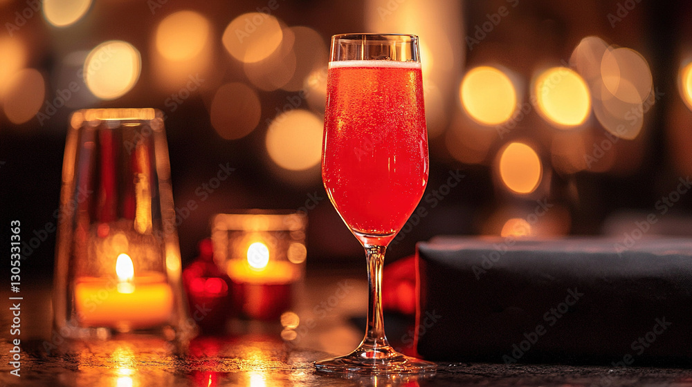 A wine glass perched on a table, alongside a candle-topped box A wine glass perched on a table, alongside a candle-topped box