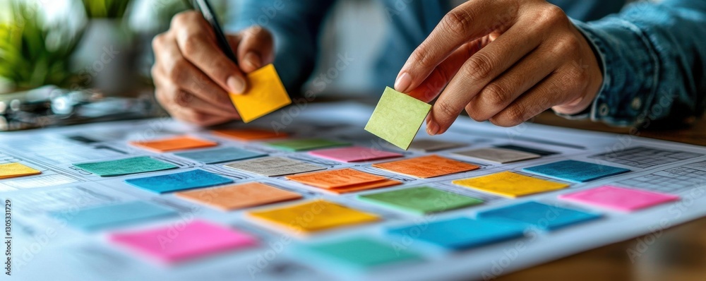 Obraz premium Hands arranging colorful sticky notes during a planning and brainstorming session