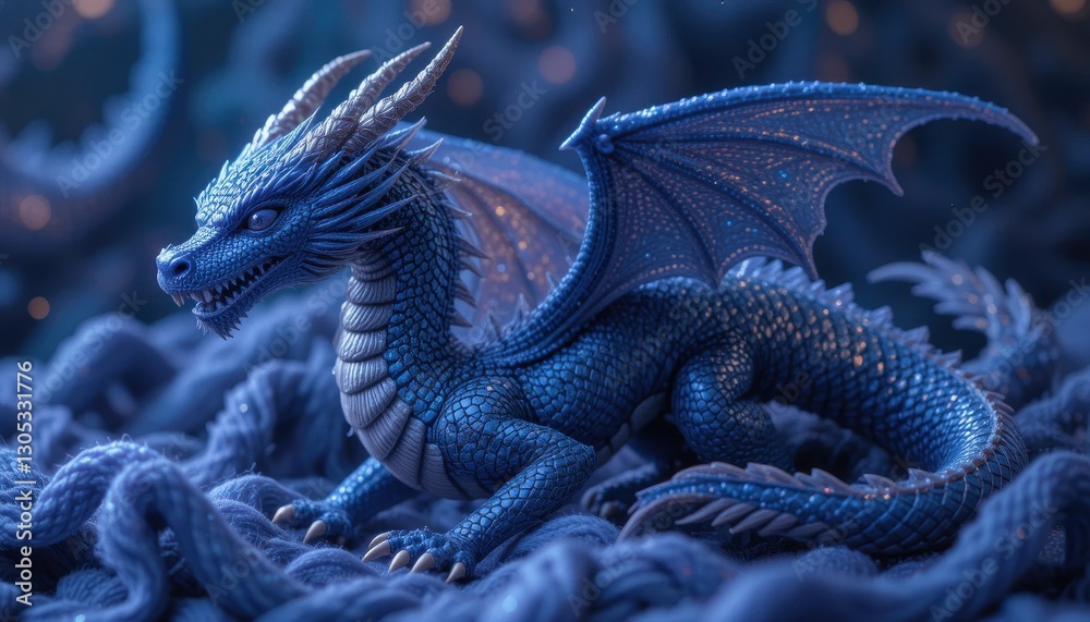 Fototapeta premium Majestic Blue Dragon Figurine Posing on Soft Blue Fabric Fantasy Creature Mythical Beast