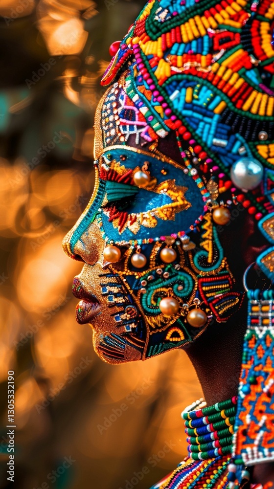 Naklejka premium AI-generated person adorned in vibrant, intricate beadwork against a warm, blurred background