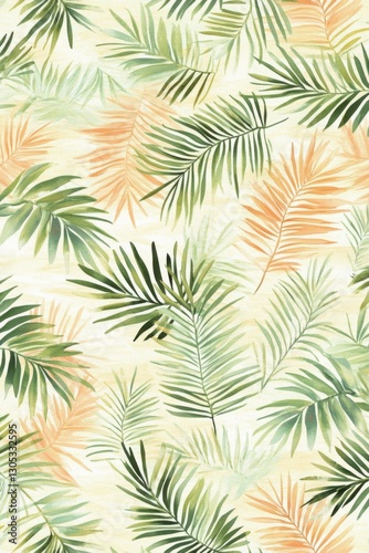 Tropical Foliage Pattern with Green and Orange Palm Leaves on Light Background
