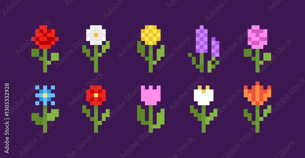 Naklejka premium Pixel art flowers collection in 90s gaming 8 bit icons of poppy, lavender, rose, yarrow, knapweed, flowers. Editable vector set of pixel filed and wild flowers 