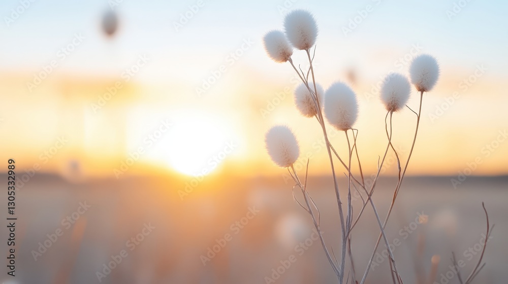Obraz premium Soft, fluffy plant silhouettes against a vibrant sunset sky create a serene atmosphere, ideal for nature, wellness, and relaxation-themed projects, Captures tranquility and natural beauty,