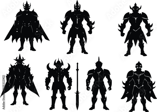 Epic Silhouettes of Armored Dark Fantasy Warriors with Weapons Heroic Vector Icon Set for Gaming, Battle and Mythological Themes