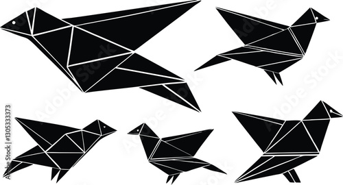 Origami Birds in Flying Poses Geometric Silhouette Vector Icons for Creative Art, Paper Folding, and Minimalist Design Projects