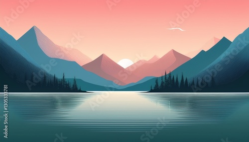 a minimalist  illustration of a mountain lake at dawn with subtle gradients and clean lines