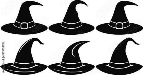 Collection of Witch Hat Silhouettes with Pointed Shapes and Belt Buckles for Halloween, Fantasy, and Magical Themed