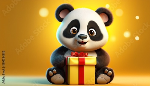 a cute cartoon panda sits in front of a yellow background holding a yellow gift box with a red bow