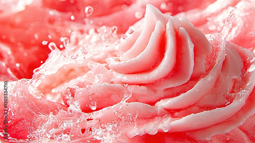 Pink cake with white icing and water splashes in a close-up Pink cake with white icing and water splashes in a close-up