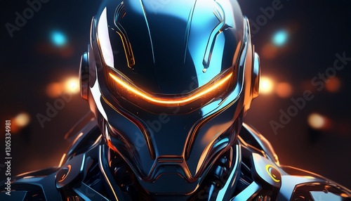 a close up view of a futuristic robot s head with a dark visor and glowing lights