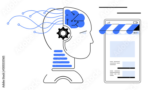 Human head with brain connecting neural networks to online shopping interface emphasizing tech innovation. Ideal for AI, technology, e-commerce, machine learning, neural networks, automation, digital