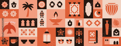 minimalist ramadan kareem pattern with various islamic icons and symbols, islamic illustrations for posters, wallpapers and greeting cards
