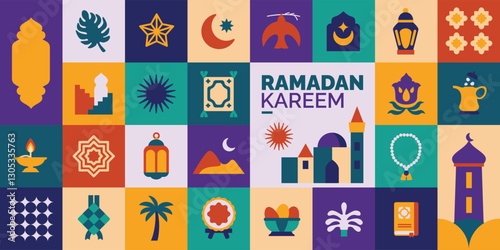 geometric pattern ramadan kareem with various bright colored islamic icons and symbols, islamic illustration for poster, wallpaper and greeting card