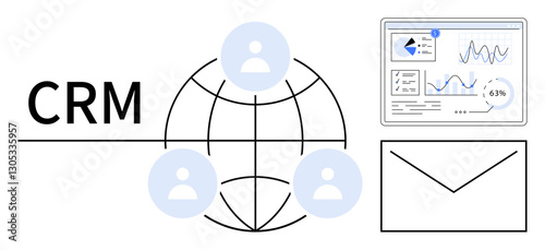 CRM system with user icons on globe, analytics dashboard displaying data trends, and email element. Ideal for customer management, communication, marketing, sales, networking, analytics