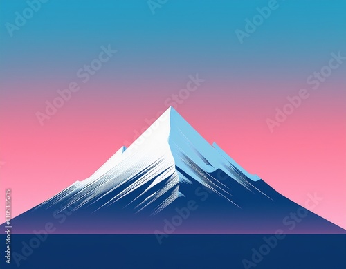 a minimalist  design of a snowy mountain peak under a gradient sky transitioning from blue to pink