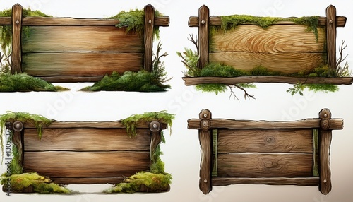 four rustic wooden signs with moss