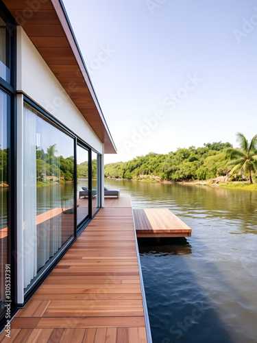 floating riverside house with a sleek wooden deck that extends over the water, offering a seamless connection to the riverine environment