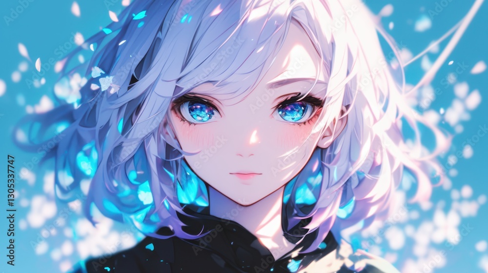 Beautiful anime girl with blue eyes and silver hair in a dreamy setting, digital art Beautiful anime girl with blue eyes and silver hair in a dreamy setting, digital art