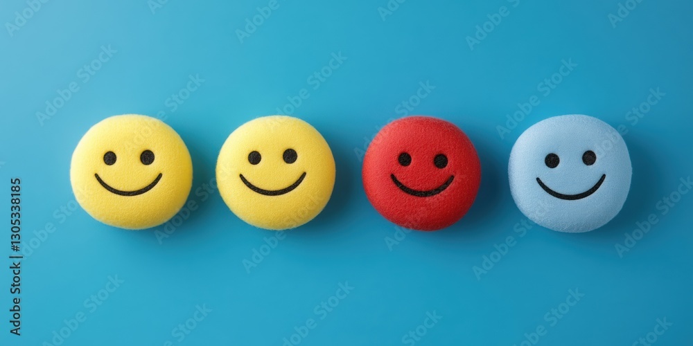 Yellow smiley face balls with different expressions placed on a smooth surface, symbolizing happiness and positivity. Yellow smiley face balls with different expressions placed on a smooth surface, symbolizing happiness and positivity.