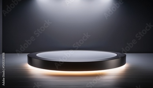 modern minimalist interior showcasing a circular platform with led illumination and ample space for text or product display