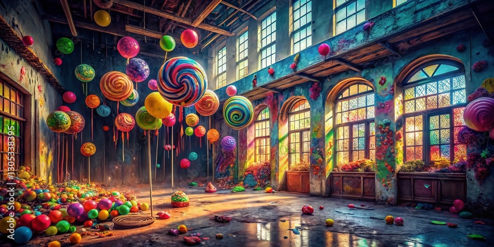 Fototapeta premium Festive Urban Exploration: Abandoned Building with Lollipops