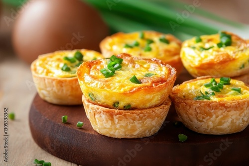 Mini Quiche. Baked Cheddar Cheese and Leek Quiches, Perfect Snack Option photo