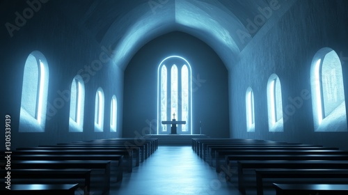 Serene interior of a quiet chapel with light.