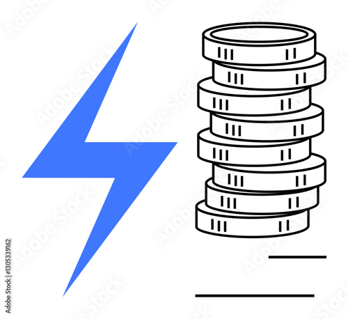 Blue lightning bolt next to a stack of coins, symbolizing energy, cost savings, efficiency. Ideal for energy conservation, financial planning, renewable energy, economics, sustainability budgeting
