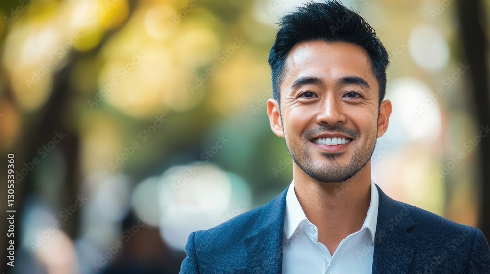 A smiling businessman in a suit stands outdoors with background blur A smiling businessman in a suit stands outdoors with background blur