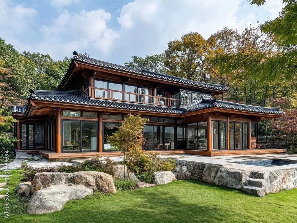 A beautiful modern house with a distinct oriental style design A beautiful modern house with a distinct oriental style design