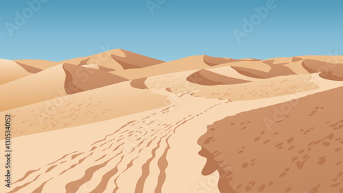Flat graphic vector illustration of abstract desolate desert landscape with sandy dunes under clear blue sky. Simple decorative cartoon concept of nature scenery.