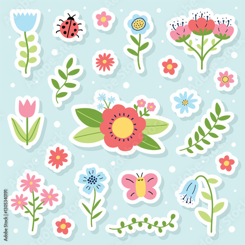 Colourful spring flower stickers set. Icons in cartoon style. Vector illustration