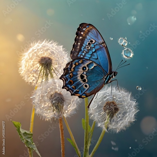 Colourful butterfly perched on dandelion flowers with gentle bubbles floating in soft sunlight