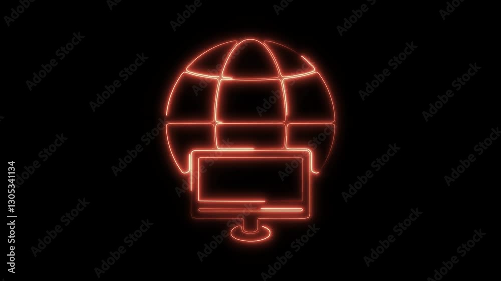 Glowing neon global network  icon isolated on black background. HD Video motion graphic animation icon