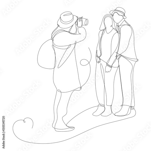 Tourist couple having their picture taken by a passerby. Continuous line illustration on white background