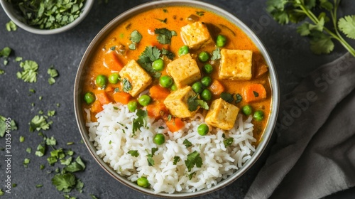 A bowl of creamy coconut milk curry with tofu, potatoes, peas, and carrots, served with basmati rice and a sprinkle of cilantro