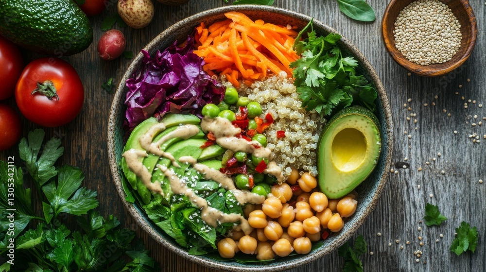 A colorful bowl of quinoa, chickpeas, avocado, and leafy greens drizzled with tahini sauce, surrounded by fresh vegetables and herbs, in a vibrant, rustic kitchen setting A colorful bowl of quinoa, chickpeas, avocado, and leafy greens drizzled with tahini sauce, surrounded by fresh vegetables and herbs, in a vibrant, rustic kitchen setting