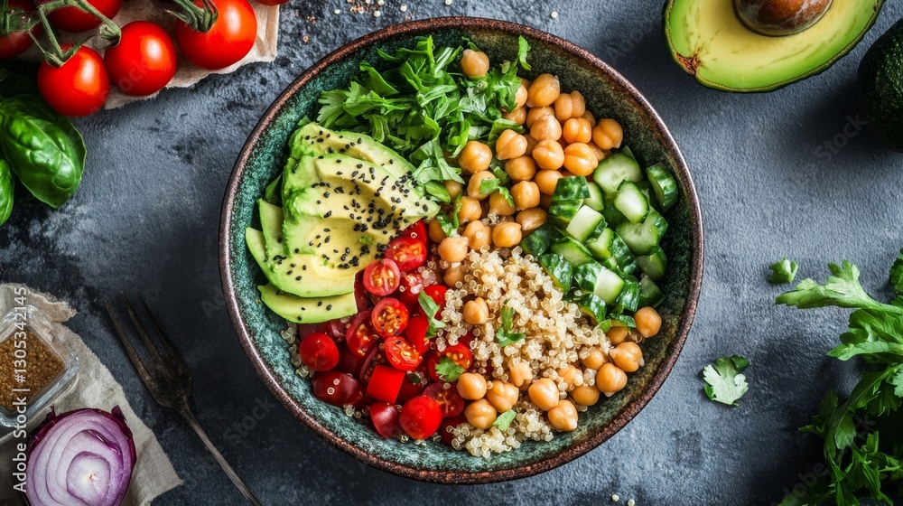 A colorful bowl of quinoa, chickpeas, avocado, and leafy greens drizzled with tahini sauce, surrounded by fresh vegetables and herbs, in a vibrant, rustic kitchen setting A colorful bowl of quinoa, chickpeas, avocado, and leafy greens drizzled with tahini sauce, surrounded by fresh vegetables and herbs, in a vibrant, rustic kitchen setting