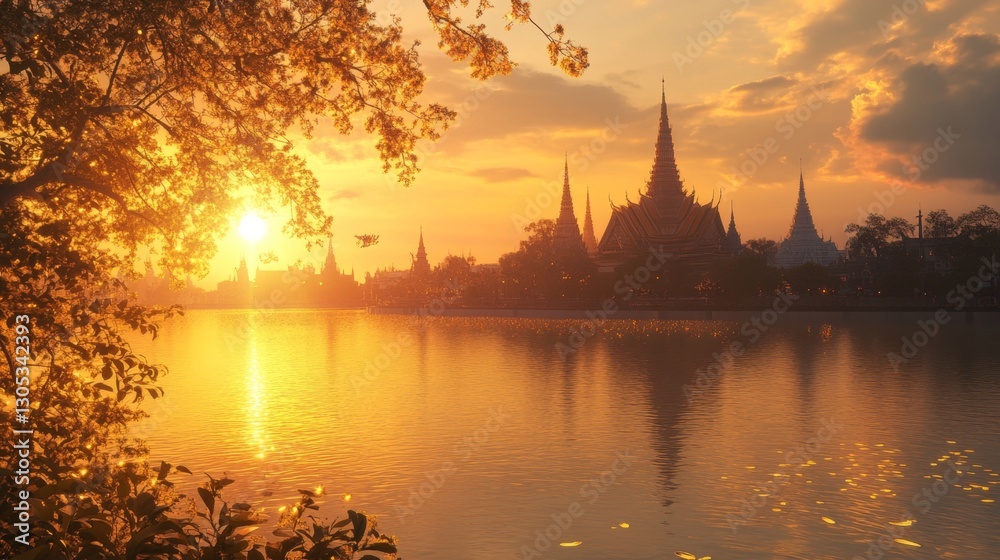 Fototapeta premium A stunning view of Wat Arun, the Temple of Dawn, at sunset, with the intricate architecture reflecting on the river, and the sun casting golden light over the scene