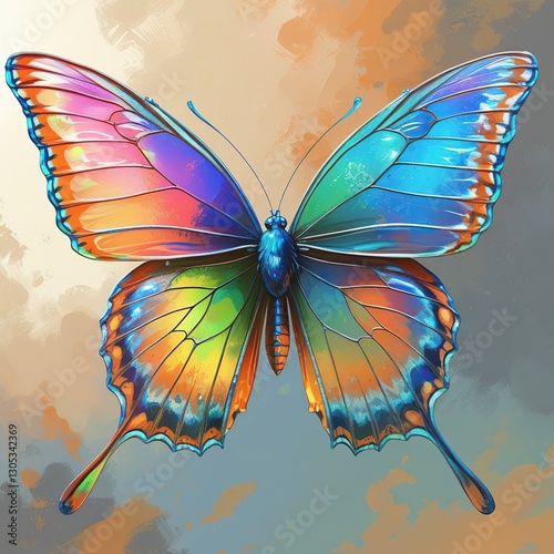 Colourful butterfly with iridescent wings resting against a vibrant background in a serene natural setting