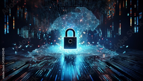 cybersecurity breach shattered lock in binary code cascade hack data