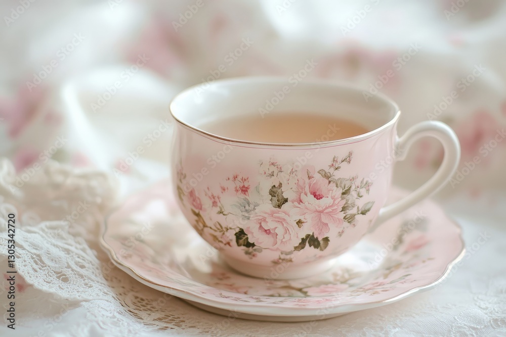 Delicate pink tea cup with floral patterns resting on lace tablecloth Delicate pink tea cup with floral patterns resting on lace tablecloth