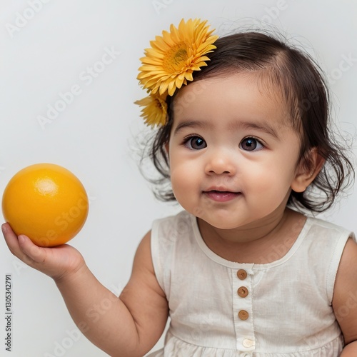 Happy child holding a yellow ball and wearing a flower in her hair in a neutral setting