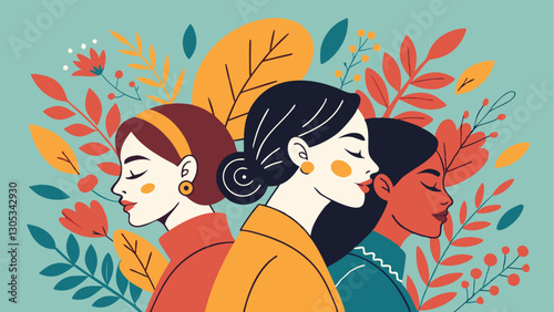 A diverse group of females portrayed with flowers in a paper cut-out style SVG . International Women's AI, Day, EPS, PNG, JPEG File.