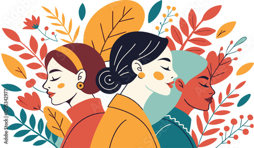 A diverse group of females portrayed with flowers in a paper cut-out style SVG . International Women's AI, Day, EPS, PNG, JPEG File.