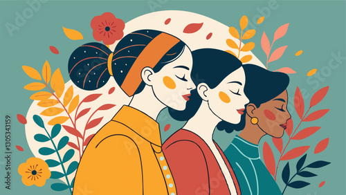 A diverse group of females portrayed with flowers in a paper cut-out style SVG . International Women's AI, Day, EPS, PNG, JPEG File.