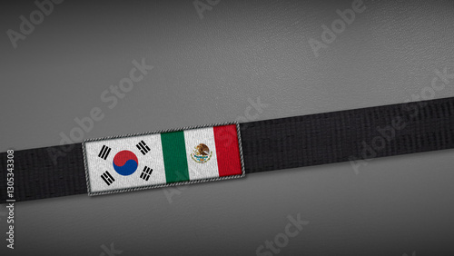 3D rendering of two flag from South Korea and Mexico on a dark band, symbolizing political relations, diplomacy, or conflict. simple, clean Gray background for focus, seriousness, formality